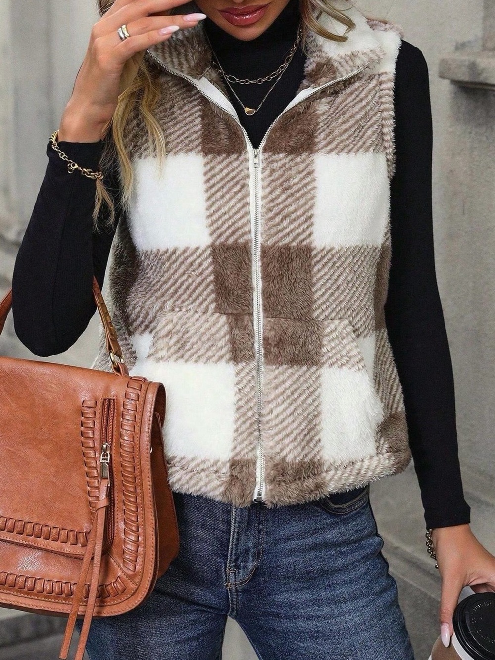 Brown & White Buffalo Plaid Sherpa Zip-Front Vest